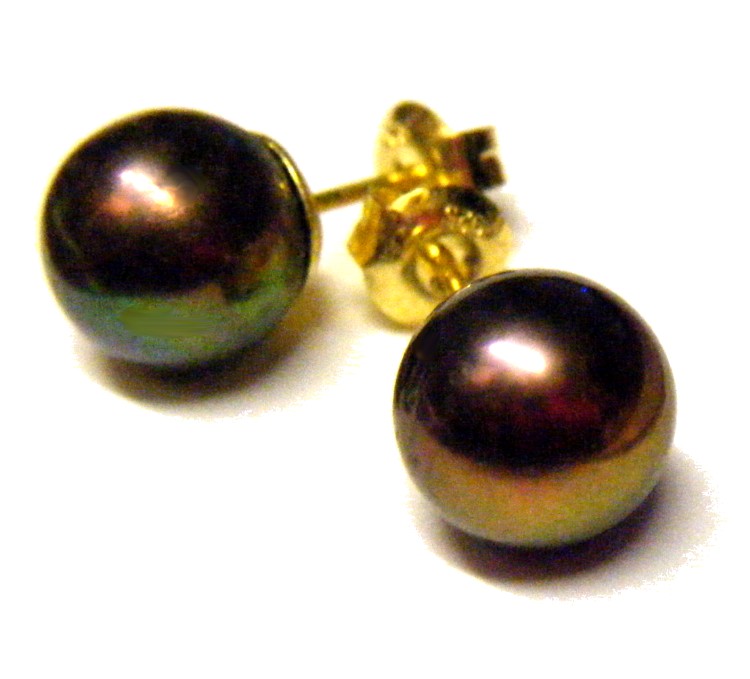 Black (brown/gold/green) 9.5mm Round Pearl Earrings